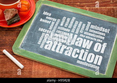 law of attraction word cloud on a slate blackboard with a white chalk and tea Stock Photo