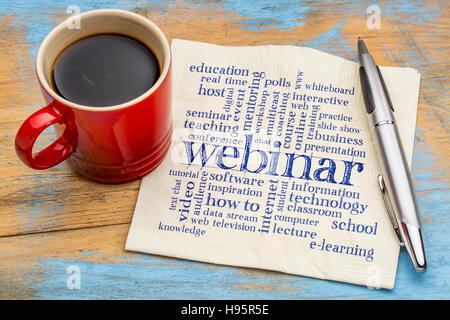 webinar (web seminar) word cloud  - handwriting on a napkin with a cup of coffee Stock Photo
