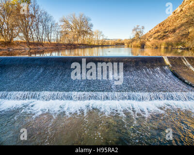 diversion dam on the Poudre River in northern Colorado at Belvue near Fort Collins - aerial view Stock Photo