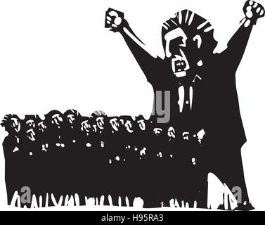 Woodcut style expressionist image of an angry man above a group of scared voters Stock Vector