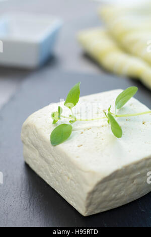 Big tofu chunk on a black stone tray with fresh oregano and green cloth in the background. Stock Photo