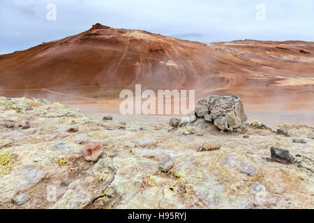 A view of the Hverir Geothermal Field by Mt. Namafjall next to Lake Myvatn, Iceland. Stock Photo