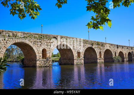 Merida in Spain roman bridge over Guadiana river Badajoz Extremadura Stock Photo