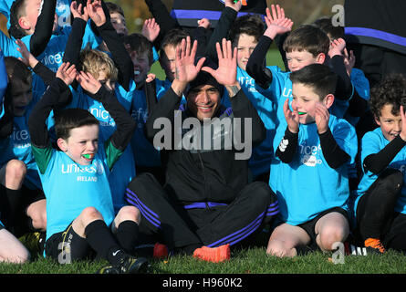 All Blacks' Aaron Smith with club members during a visit to Seapoint Rugby Club, Co. Dublin, for a rugby minis masterclass, in support of UNICEF???S right to play campaign. Stock Photo