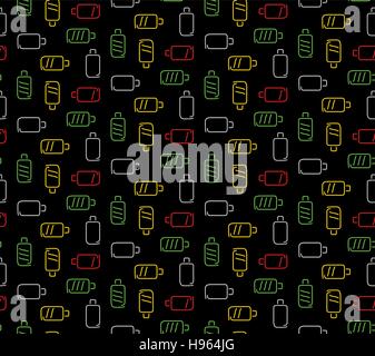 Colors battery seamless pattern dark technology background. Vector illustration. Stock Vector