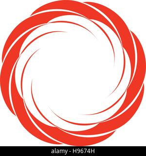 Isolated abstract red color circular sun logo. Round shape logotype. Swirl, tornado and hurricane icon. Spining hypnotic spiral sign. Photo lens symbol. Vector wheel illustration. Stock Vector