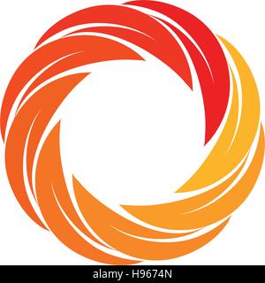 Isolated abstract red,orange,yellow circular sun logo. Round shape logotype. Swirl, tornado and hurricane icon. Spining hypnotic spiral sign. Photo lens symbol. Vector wheel illustration. Stock Vector