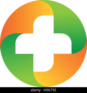 Green and orange vector medical cross logo. Round shape logotype. Religious sign. Doctor s office emblem. Ambulance label. First aid symbol. Plus button. illustration. Stock Vector