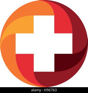 Red vector medical cross logo. Round shape logotype. Religious sign. Doctors office emblem. Ambulance label. First aid symbol. Plus button illustration. Stock Vector