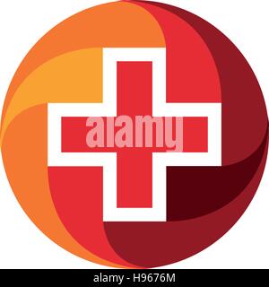 Red medical cross logo. Round shape logotype. Religious sign. Doctors office emblem. Ambulance label. First aid symbol. Plus button. Vector illustration. Stock Vector