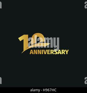 Isolated abstract golden 10th anniversary logo on black background. 10 number logotype. Ten years jubilee celebration icon. Tenth birthday emblem. Vector illustration. Stock Vector