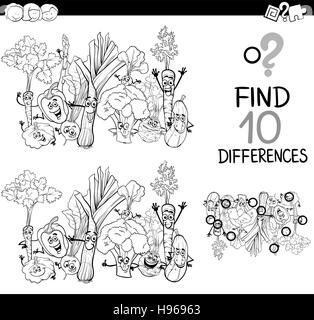 Black and White Cartoon Illustration of Finding Details Educational Activity for Children with Vegetable Characters Coloring Book Stock Vector