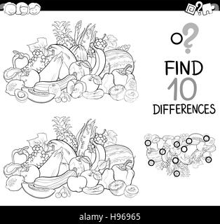 Black and White Cartoon Illustration of Finding Details Educational Activity for Children with Fruits and Vegetables Coloring Page Stock Vector