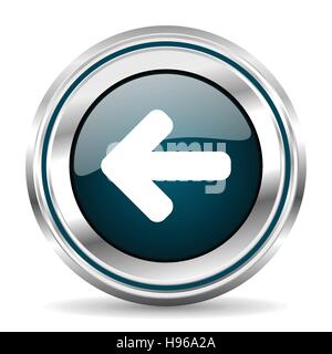 Left arrow vector icon. Chrome border round web button. Silver metallic pushbutton. Stock Vector