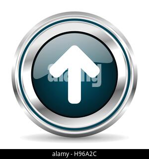Up arrow vector icon. Chrome border round web button. Silver metallic pushbutton. Stock Vector