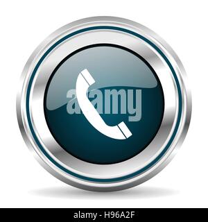 Phone vector icon. Chrome border round web button. Silver metallic pushbutton. Stock Vector