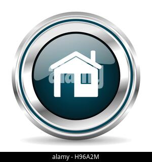 Home vector icon. Chrome border round web button. Silver metallic pushbutton. Stock Vector