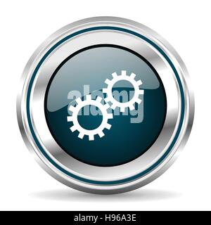 Gears vector icon. Chrome border round web button. Silver metallic pushbutton. Stock Vector