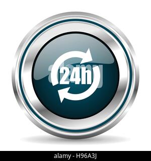 24 hours service vector icon. Chrome border round web button. Silver metallic pushbutton. Stock Vector