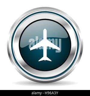 Airport vector icon. Chrome border round web button. Silver metallic pushbutton. Stock Vector
