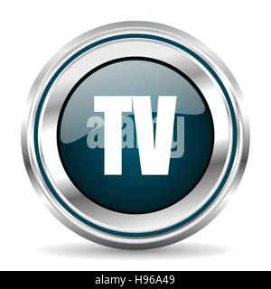 TV vector icon. Chrome border round web button. Silver metallic pushbutton. Stock Vector