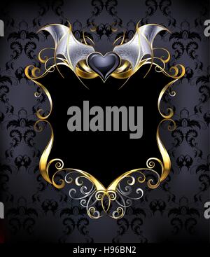 black banner with a gold frame and a black vampire heart on the dark patterned background. Stock Vector