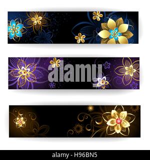 three horizontal banner with gold jewelry , abstract flowers on dark brown and purple background. Stock Vector