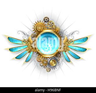 round banner with gold and brass gears, decorated with blue glass mechanical wings on a white background Stock Vector