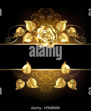 Rectangular banner with luxurious golden rose on black background. Stock Vector