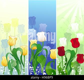 Three banner with a stylized, artistically painted red, yellow and bright tulips. Stock Vector