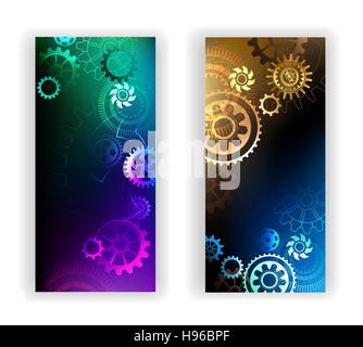 two banners with bright, glowing gears on a black background. Stock Vector
