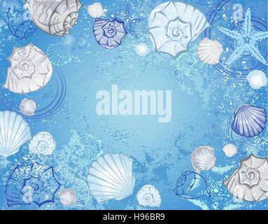 blue sea background with blue and beige seashells and starfish. Stock Vector
