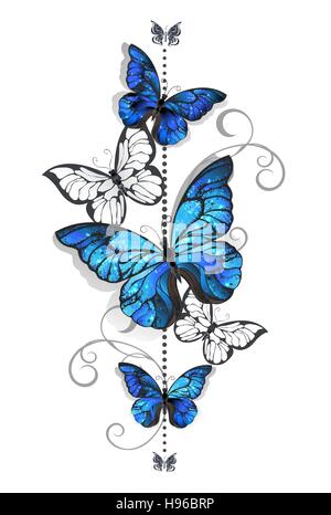 Composition of blue butterflies morpho and white butterflies on a white background. Morpho. Design with blue butterflies morpho. Stock Vector