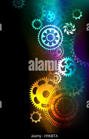 bright multicolored gears on a dark background. Stock Vector