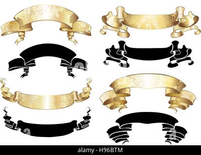 four banners from the old threadbare brocade and black silhouette banner on a white background. Stock Vector
