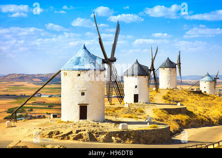 Windmills of Cervantes Don Quixote in Consuegra. Castile La Mancha, Spain, Europe Stock Photo