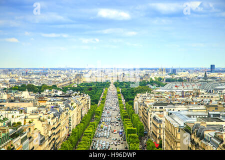 Paris, panoramic aerial view of Champs Elysees boulevard. France, Europe. Stock Photo