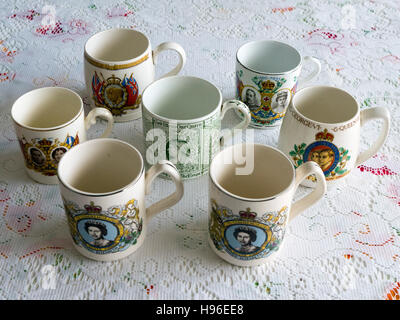 Collection of mugs celebrating various royal events, from Queen Victoria's accession to  Queen Elizabeth II's silver jubilee Stock Photo