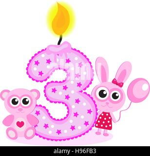 Happy Third Birthday Candle and Animals Isolated on white. The number three. The pink card for girls Stock Vector