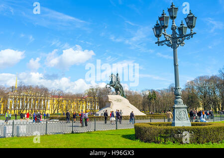 The equestrian  statue of Peter the Great on the Thunder stone, located in Senate Square, adjacent to Alexander Garden and Admir Stock Photo