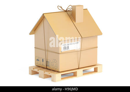 Household moving services concept. Pallet with cardboard house parcel, 3D rendering Stock Photo