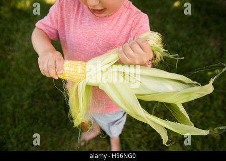 Boy (4-5) peeling corn cob Stock Photo