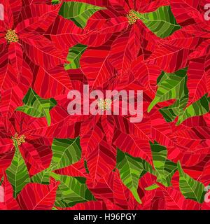 Red poinsettia flower realistic vector illustration, Christmas and new year flower seamless pattern Stock Vector