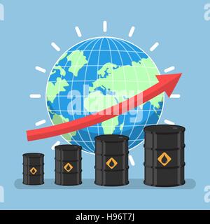 Oil barrels and growth graph with wolrd on background, concept of increase in prices of energy and oil. Stock Vector