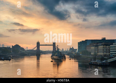 Stunning Autumn sunrise over River Thames and Tower Bridge in London Stock Photo