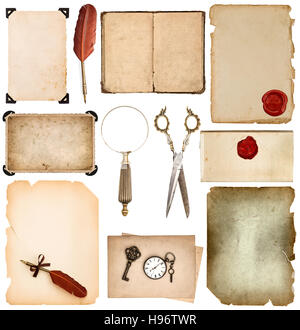Set of used paper sheets with edges. Vintage book pages, cards, photo frames, magnifying glass and scissors isolated on white background. Antique vint Stock Photo