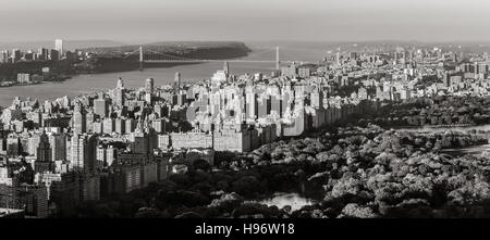 Black and White Panoramic elevated view of Central Park, Upper West Side with the George Washington Bridge. New York CIty Stock Photo