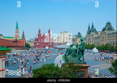 The  view on the Red Square from the Saint Basil's Cathedral with such landmarks as Moscow Kremlin, Lenin's Mausoleum Stock Photo