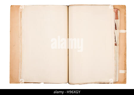 top view of open brown and worn old paper document holder isolated on white Stock Photo