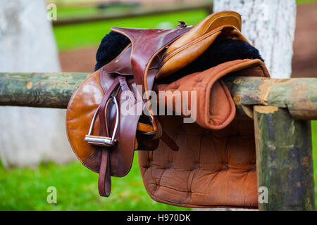 High-quality luxury leather saddle for horse riding Stock Photo